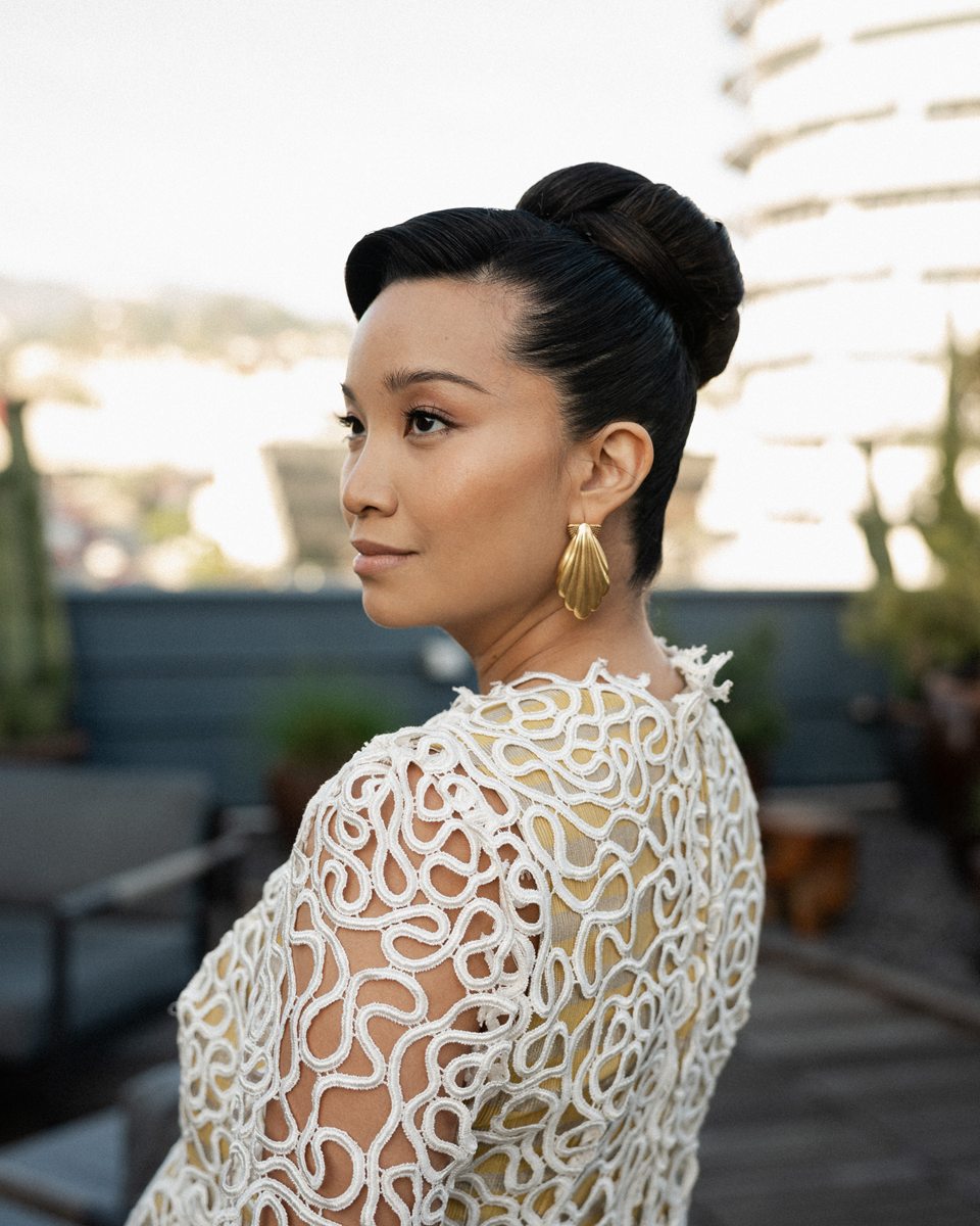 Nika wearing a sculpted updo and gold statement earrings.